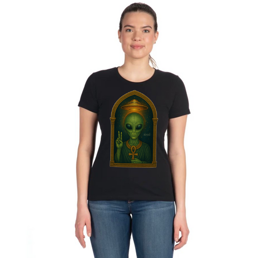 Women's ALIEN UFO FRAMED (Tapered Fitted) 100% Cotton T-Shirt (Black)